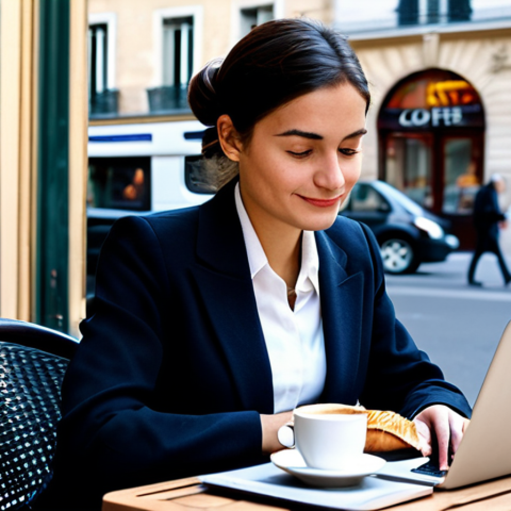 임상심리사 시험 합격률 - **
A Parisian businesswoman in a tailored, modest business suit, sitting at a café table in a charm...