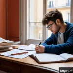 Home 14 임상심리사 국가시험 필기 합격률 - A focused French psychology student studying at a cozy Parisian apartment desk, surrounded by textbo...