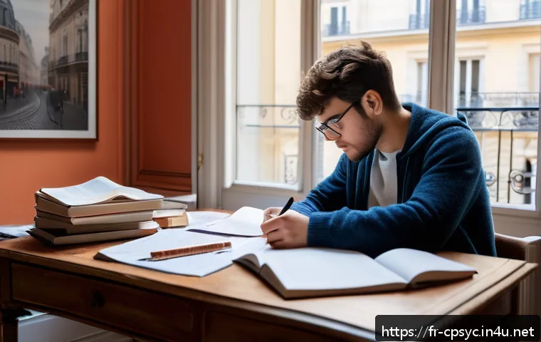 임상심리사 국가시험 필기 합격률 - A focused French psychology student studying at a cozy Parisian apartment desk, surrounded by textbo...