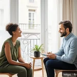 Home 19 임상심리사 상담 기법 모음 - A serene therapy room scene in a modern Parisian apartment, featuring a compassionate clinical psych...