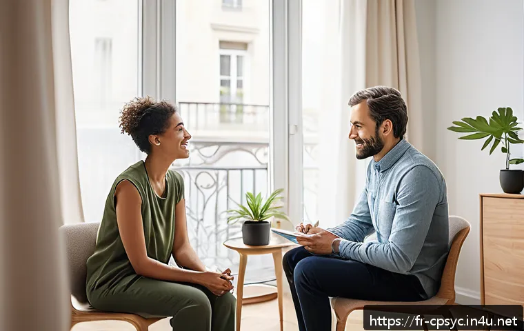 임상심리사 상담 기법 모음 - A serene therapy room scene in a modern Parisian apartment, featuring a compassionate clinical psych...